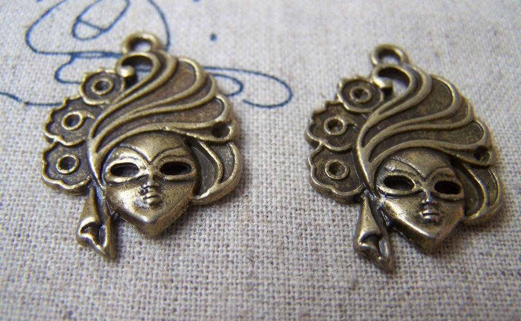 Accessories - 10 Pcs Of Antique Bronze Halloween Lady Mask Charms 20.5x30mm A706