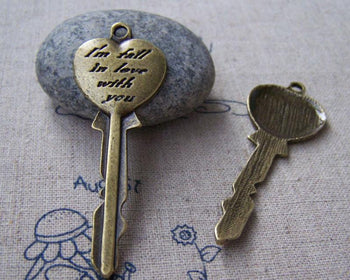 Accessories - 10 Pcs Of Antique Bronze Heart Key Charms Pendants Huge Size  20x57mm A183