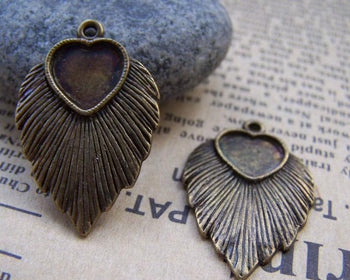 Accessories - 10 Pcs Of Antique Bronze Heart Shaped Feather Base Settings Match 10x10mm Cameo  A3186