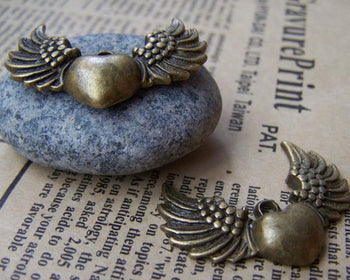 Accessories - 10 Pcs Of Antique Bronze Heart Wing Angel Charms 27x36mm A653