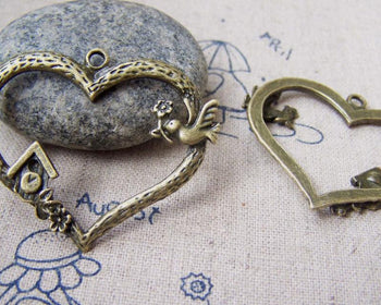 Accessories - 10 Pcs Of Antique Bronze Huge Heart Bird And House Pendants 34x40mm A2905