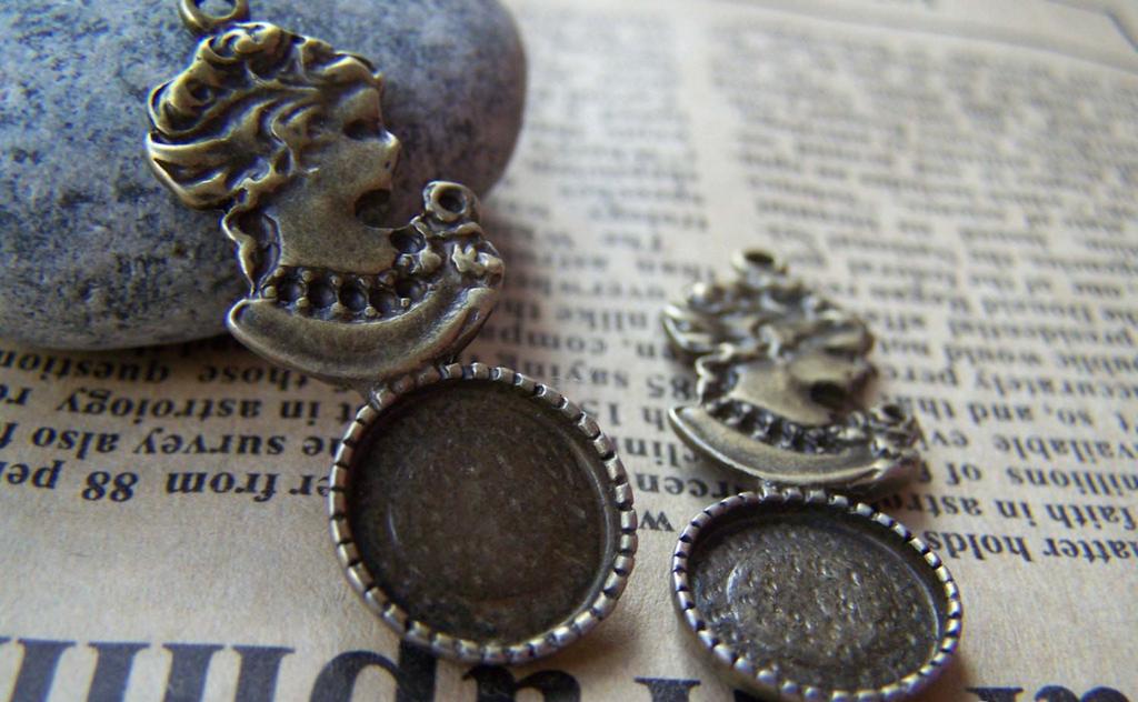 Accessories - 10 Pcs Of Antique Bronze Lady Round Base Settings Match 12mm Cabochon A3220