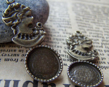 Accessories - 10 Pcs Of Antique Bronze Lady Round Base Settings Match 12mm Cabochon A3220