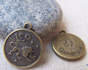 Accessories - 10 Pcs Of Antique Bronze Leo Lion Constellation Round Charms Pendants 18mm A1939
