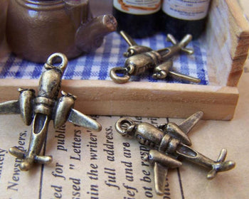 Accessories - 10 Pcs Of Antique Bronze Lovely Fighter Plane Charms 23mm A945