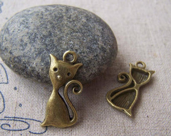Accessories - 10 Pcs Of Antique Bronze Lovely Kitten Cat Charms 11x24mm A4820