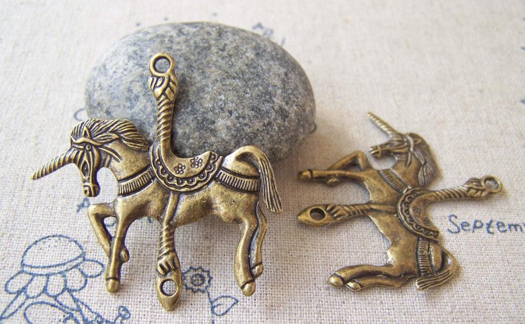 Accessories - 10 Pcs Of Antique Bronze Merry Go Round Unicorn Horse Pendant Charms Connector 42x42mm A5237