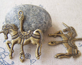 Accessories - 10 Pcs Of Antique Bronze Merry Go Round Unicorn Horse Pendant Charms Connector 42x42mm A5237