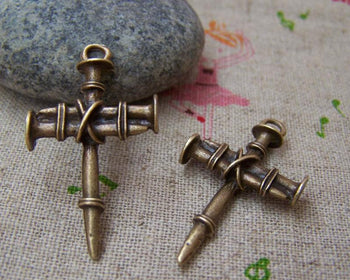 Accessories - 10 Pcs Of Antique Bronze Nail Cross Charms Pendants 19x35mm  A1419