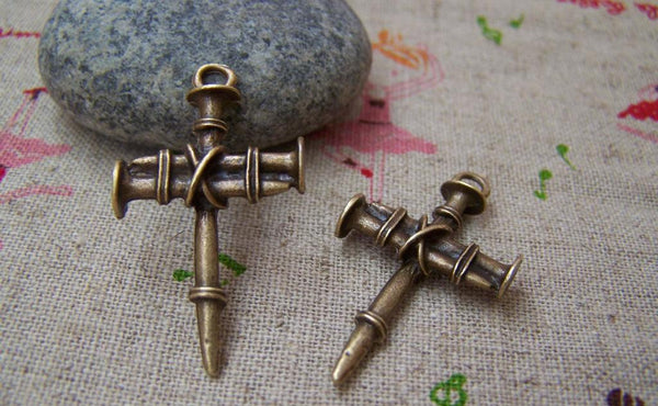 Accessories - 10 Pcs Of Antique Bronze Nail Cross Charms Pendants 19x35mm  A1419