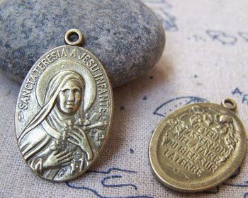 Accessories - 10 Pcs Of Antique Bronze Oval Teresia Pendants 19x30mm A3090