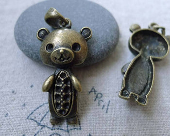 Accessories - 10 Pcs Of Antique Bronze Rhinestone Bear Charms 18x34mm A7648