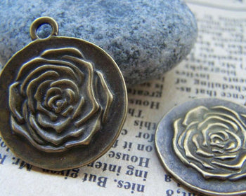 Accessories - 10 Pcs Of Antique Bronze Rose Flower Round Charms Pendants 23mm A453