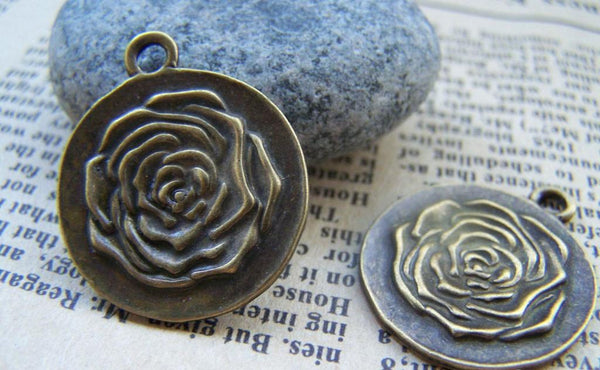 Accessories - 10 Pcs Of Antique Bronze Rose Flower Round Charms Pendants 23mm A453