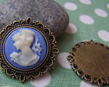 Accessories - 10 Pcs Of Antique Bronze Round Cameo Base Settings Match 20mm Cabochon A3156