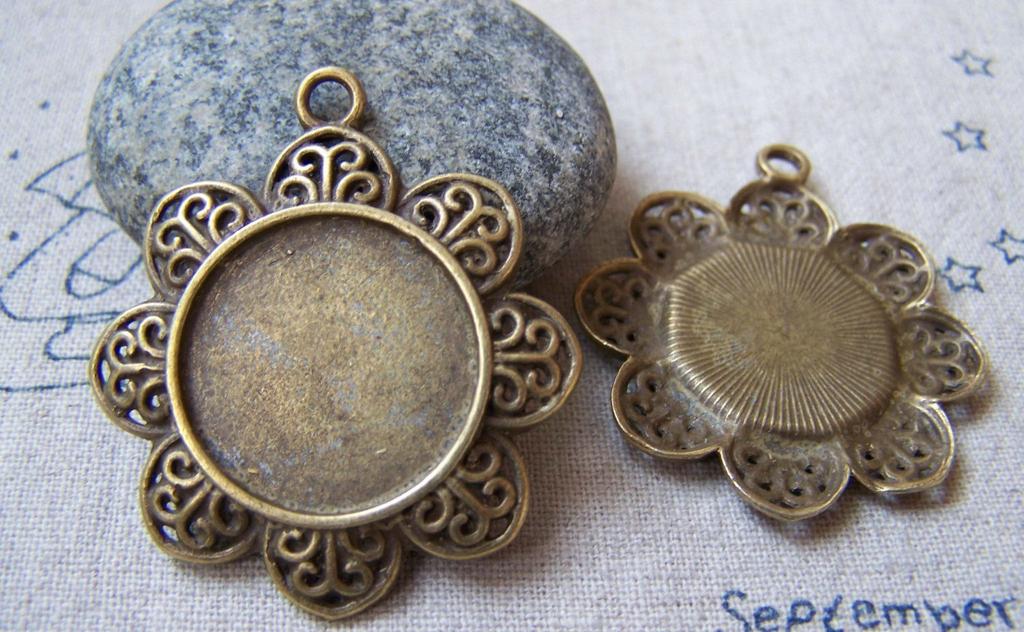Accessories - 10 Pcs Of Antique Bronze Round Sunflower Cameo Base Settings Match 20mm Cabochon A5752