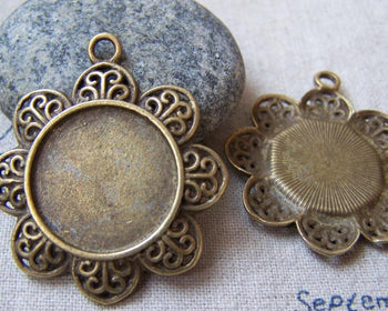 Accessories - 10 Pcs Of Antique Bronze Round Sunflower Cameo Base Settings Match 20mm Cabochon A5752