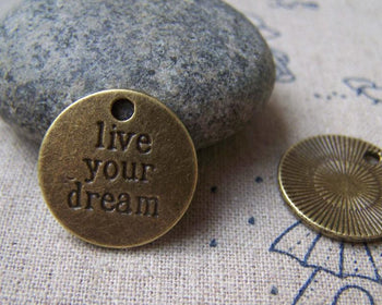 Accessories - 10 Pcs Of Antique Bronze Round Words Charms 20mm A507