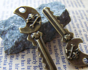 Accessories - 10 Pcs Of Antique Bronze Skull Key Pendants Charms  13x37mm A207