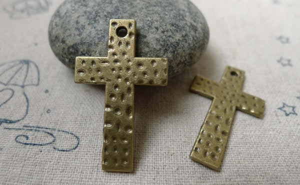 Accessories - 10 Pcs Of Antique Bronze Textured Cross Charms Pendants 19x31mm  A5981