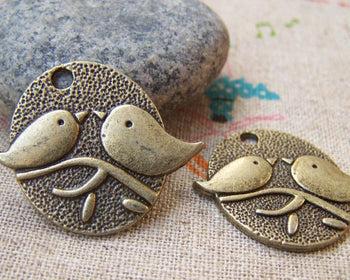 Accessories - 10 Pcs Of Antique Bronze Two Birds On Tree Oval Charms 25x29mm A245