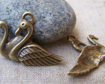 Accessories - 10 Pcs Of Antique Bronze Two Lovely Swan Birds Charms 17x30mm A286