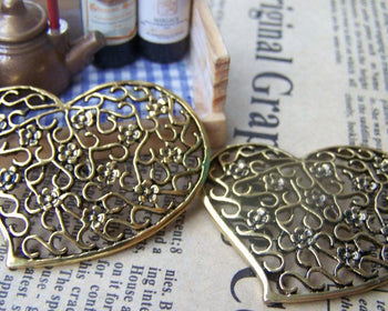 Accessories - 10 Pcs Of Antique Gold Filigree Swirly Heart Pendants Charms 40x43mm  A1603