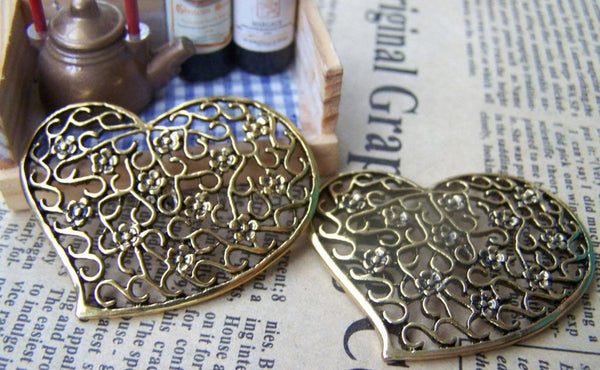 Accessories - 10 Pcs Of Antique Gold Filigree Swirly Heart Pendants Charms 40x43mm  A1603