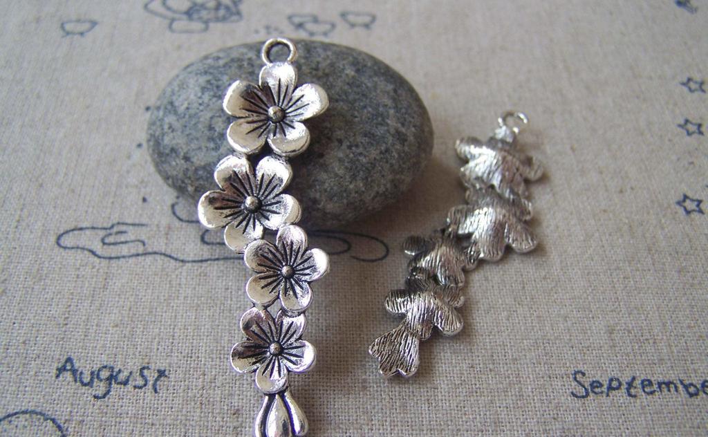 Accessories - 10 Pcs Of Antique Silver Chinese Plum Blossom Flower Charms Pendants 15x57mm A3599