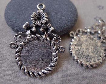 Accessories - 10 Pcs Of Antique Silver Coiled Edge Flower Cameo Bezel Base Settings Match 14mm Cabochon A3202
