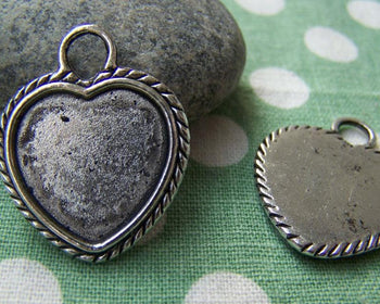 Accessories - 10 Pcs Of Antique Silver Coiled Edge Heart Base Settings Pendants Match 17x18mm Cabochon A3162