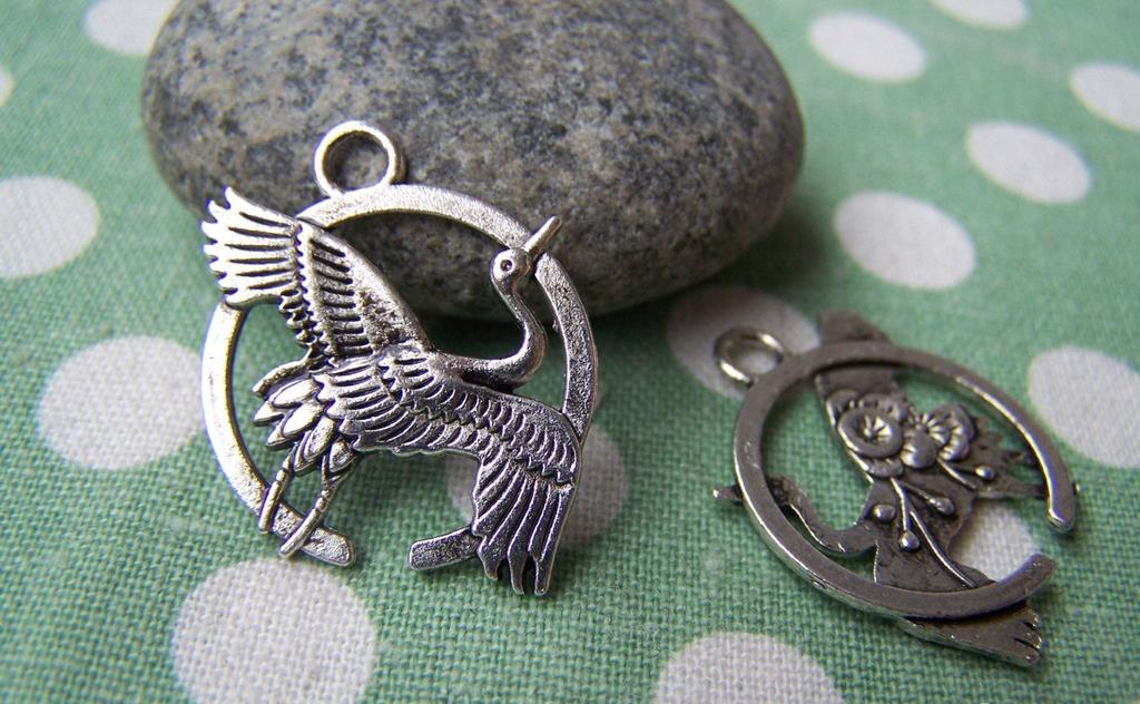 Accessories - 10 Pcs Of Antique Silver Crane Bird And Flower Ring Charms 22x27mm A825