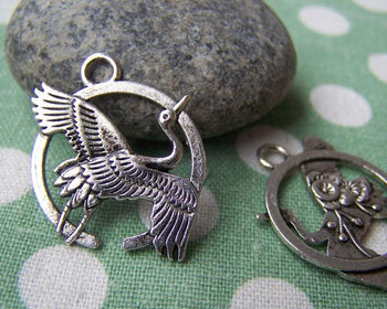 Accessories - 10 Pcs Of Antique Silver Crane Bird And Flower Ring Charms 22x27mm A825