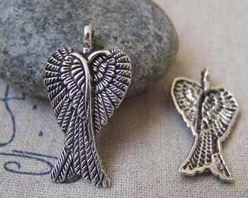 Accessories - 10 Pcs Of Antique Silver Double Angel Wing Charms 28mm A2273