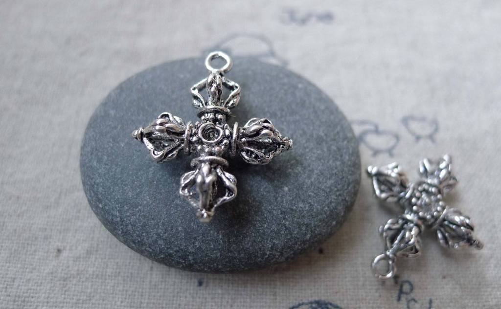 Accessories - 10 Pcs Of Antique Silver Double Vajra/Dorje Cross Buddhism Pendants 20x23mm A7699