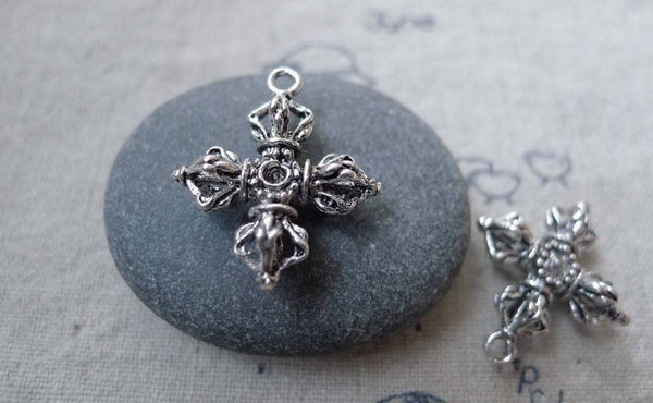 Accessories - 10 Pcs Of Antique Silver Double Vajra/Dorje Cross Buddhism Pendants 20x23mm A7699