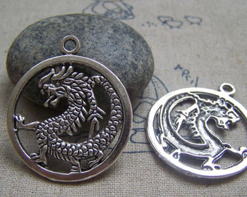 Accessories - 10 Pcs Of Antique Silver Dragon Ring Round Charms 32mm A4716