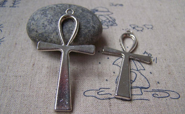 Accessories - 10 Pcs Of Antique Silver Egyptian Ankh Cross Charms Huge Size 29x55mm A886