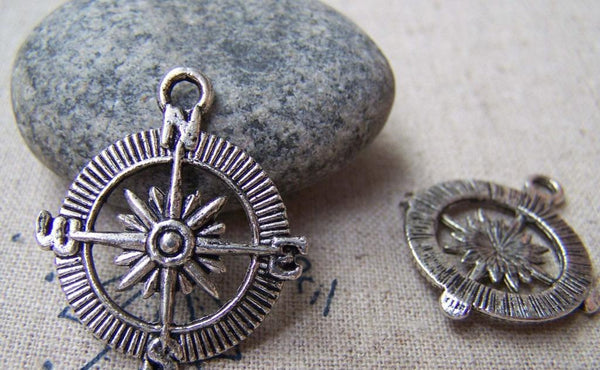 Accessories - 10 Pcs Of Antique Silver Filigree Compass Charms Pendants 25mm A1280