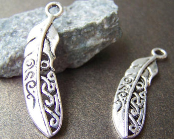 Accessories - 10 Pcs Of Antique Silver Filigree Feather Charms 10x38mm A4193