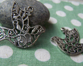 Accessories - 10 Pcs Of Antique Silver Filigree Peace Bird Dove Charms  31x37mm A826