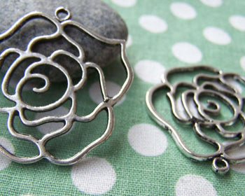 Accessories - 10 Pcs Of Antique Silver Filigree Rose Flower Pendants Charms 40mm A2906