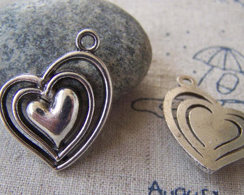 Accessories - 10 Pcs Of Antique Silver Filigree Three Layer Heart Charms 25x25mm  A2364