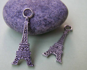 Accessories - 10 Pcs Of Antique Silver Flat Eiffel Tower Charms Pendants 12x32mm A1455