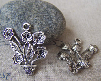 Accessories - 10 Pcs Of Antique Silver Flower Pot Charms 20x26mm A3129