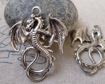 Accessories - 10 Pcs Of Antique Silver Flying Dragon Charms Pendant  27x34mm  A6311