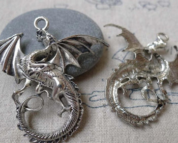 Accessories - 10 Pcs Of Antique Silver Flying Dragon Charms Pendants 43x47mm A7251