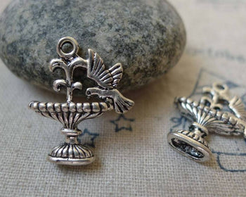 Accessories - 10 Pcs Of Antique Silver Fountain Bird Charms 17x21mm A5916