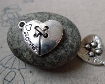 Accessories - 10 Pcs Of Antique Silver Heart Button Charms 18x20mm  A6364