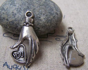 Accessories - 10 Pcs Of Antique Silver Heart Hand Charms Pendants 15x30mm A1375